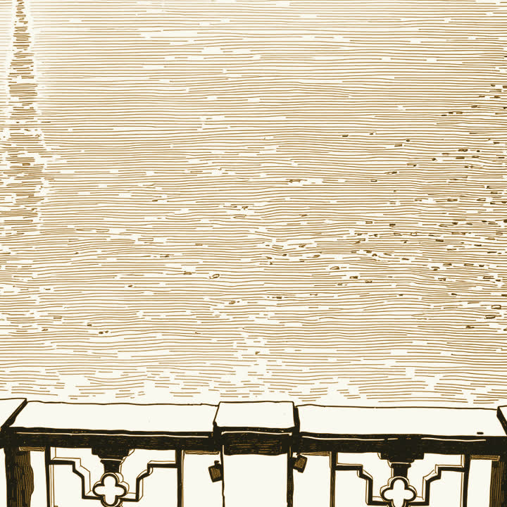 Sunlight glinting off calm water in a wide bay, seen from a stone balustrade