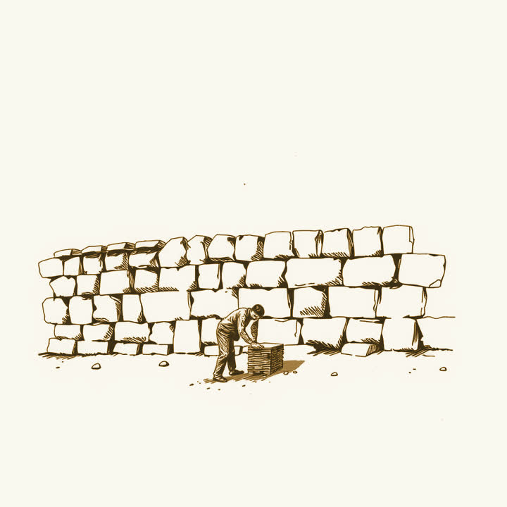 A stone wall half built, one mason setting the lowest course, plain background, nothing else, no border