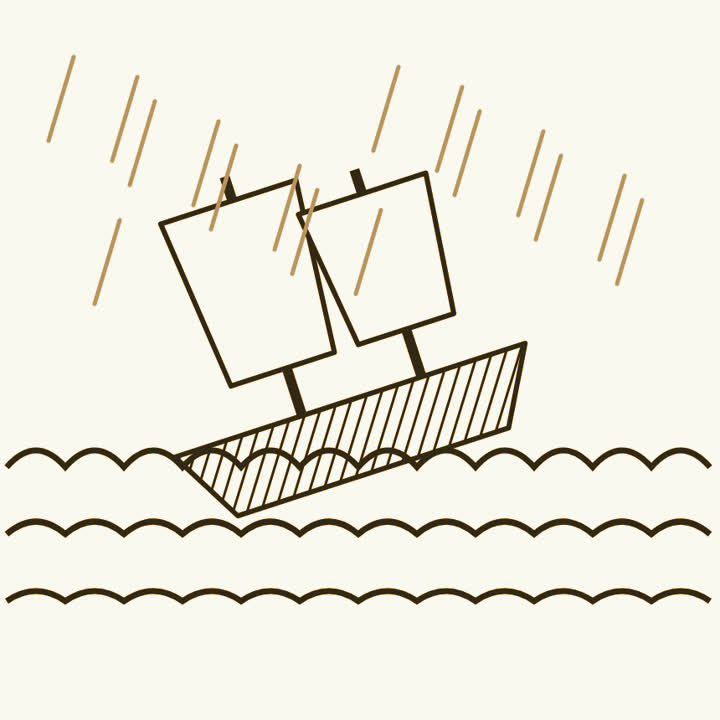 A sailing ship heeling over in huge waves under slanting rain