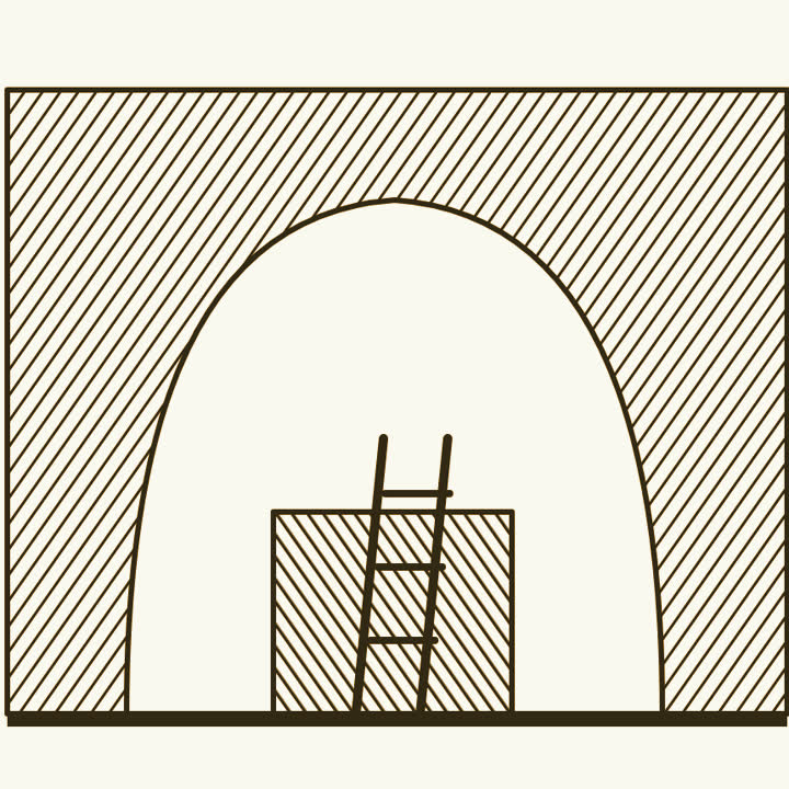A tall limestone cave mouth with a deep square excavation pit and a ladder