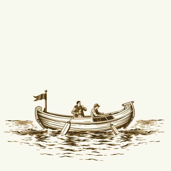 A wooden lifeboat with a few people aboard, rowing away from a dark shore