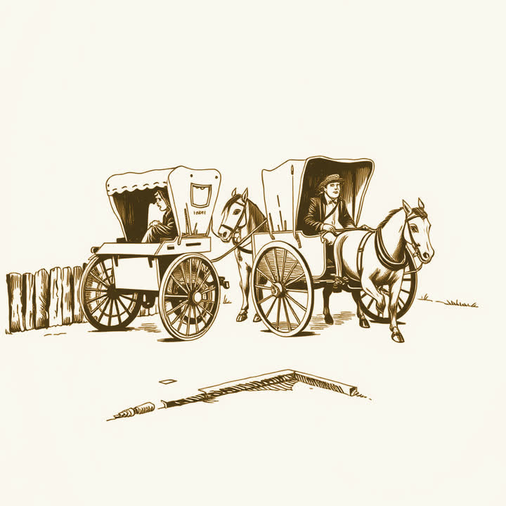 Two horse drawn carts jammed wheel to wheel at a narrow crossroads, the drivers shouting