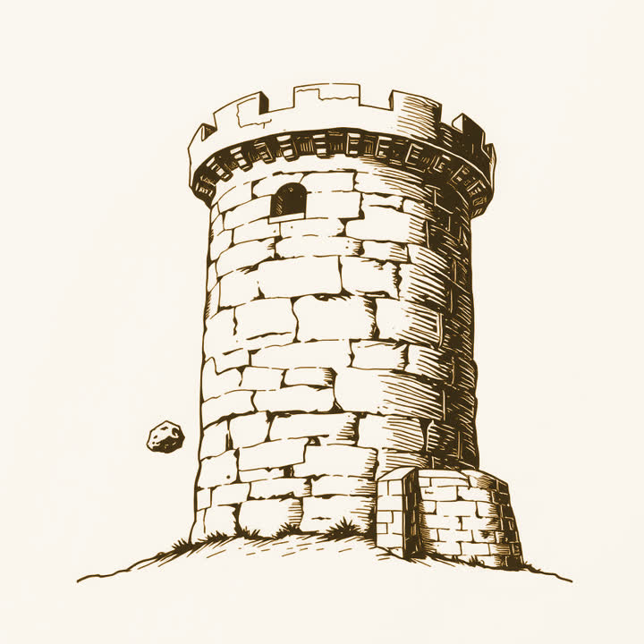 A tall round stone tower with a small stone dropping through the air beside its wall