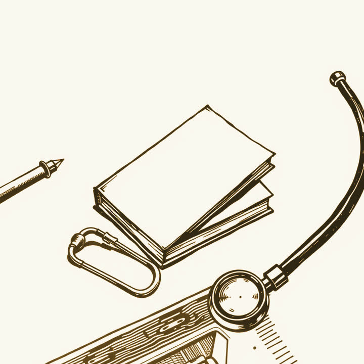 A small plain hardback book lying on a doctor’s desk beside a stethoscope, plain background, nothing else, no border