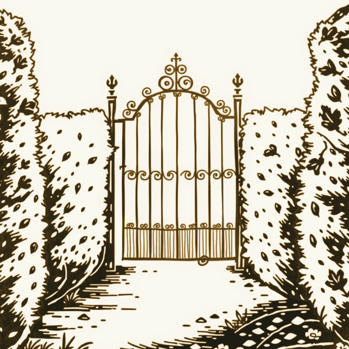 A wrought iron garden gate standing closed in a hedge, plain background, nothing else, no border