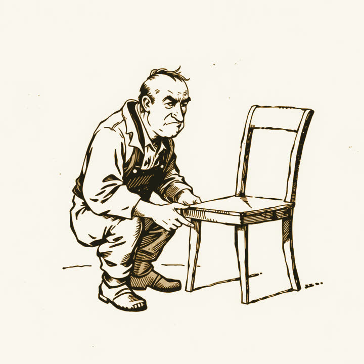 A carpenter frowning at a crude drawing of a chair whose legs are all different lengths