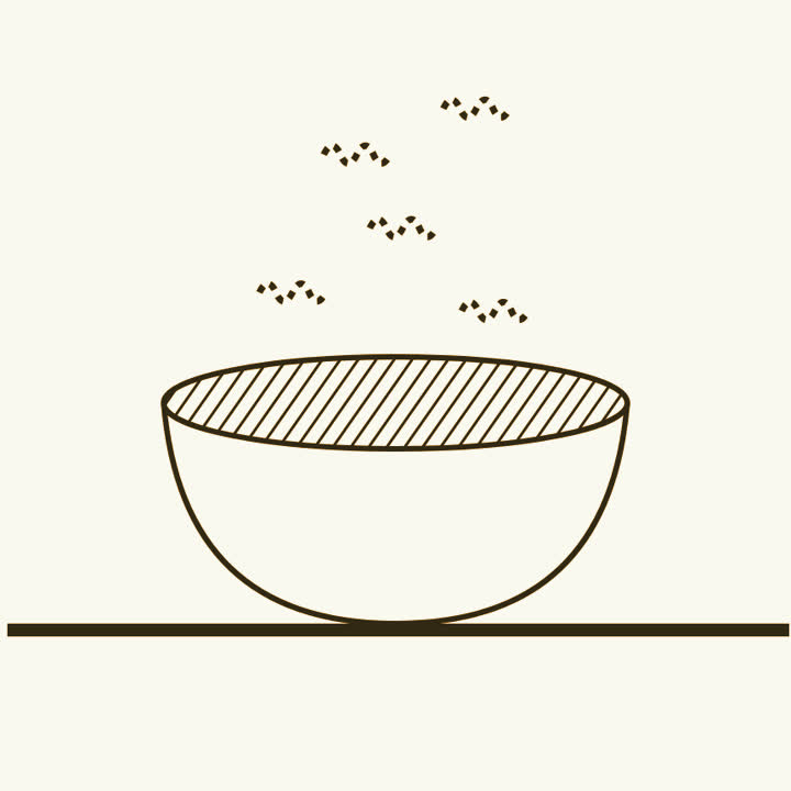 A bowl of broth with faint dashed wriggles seeming to rise out of it