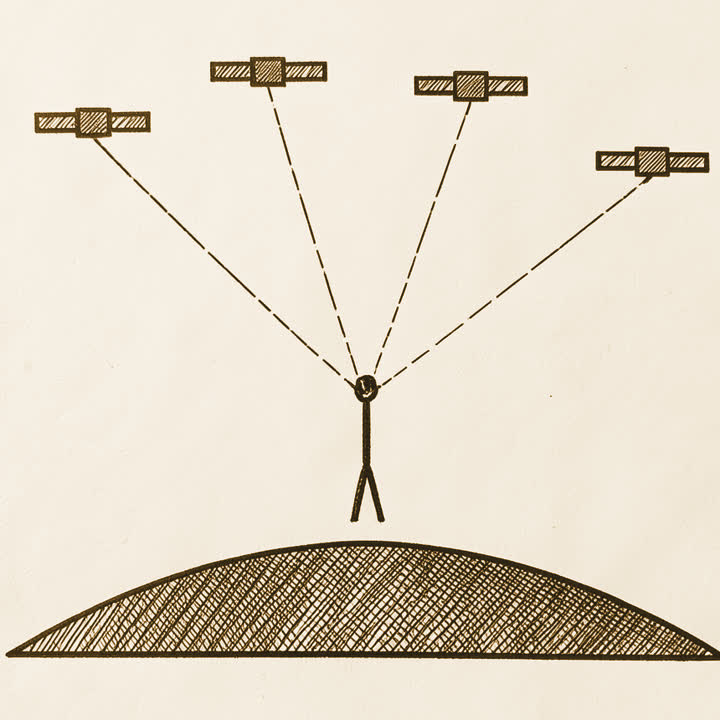 A person on a hill with thin straight lines reaching them from four satellites spread across the sky
