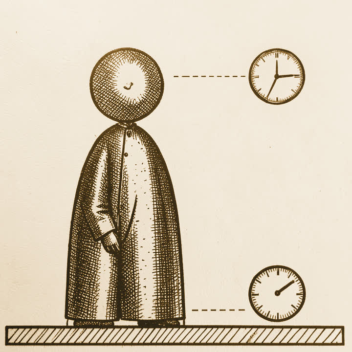 A person standing, with a clock level with their head a little ahead of a clock level with their feet