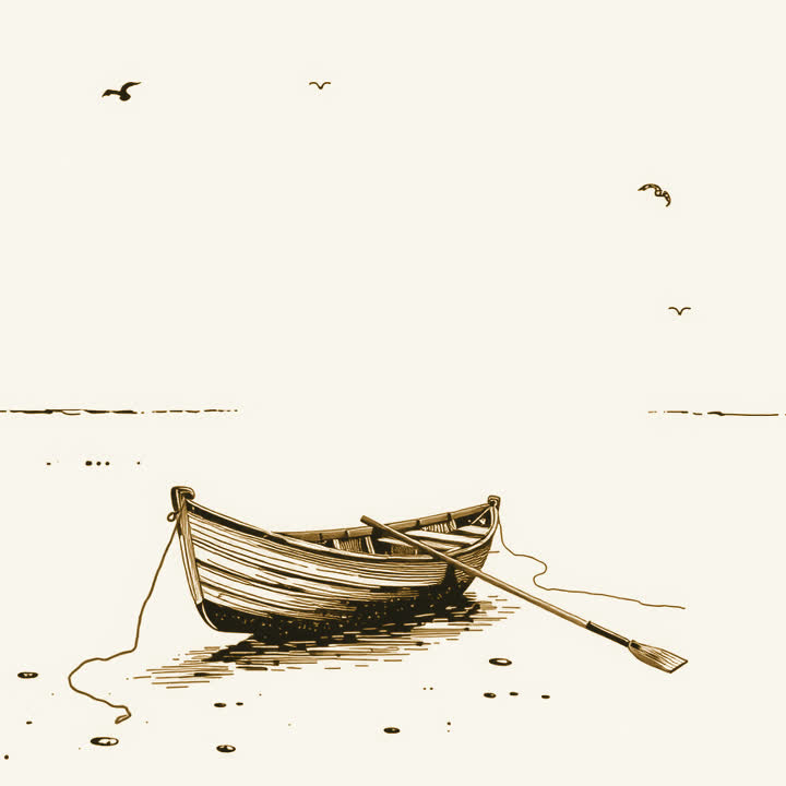 A small wooden rowing boat pulled up on a deserted sandy beach at dawn