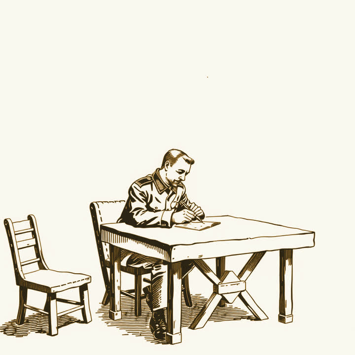 A uniformed officer at a camp table writing with a fountain pen, a soldier standing to attention nearby, plain background, nothing else, no border