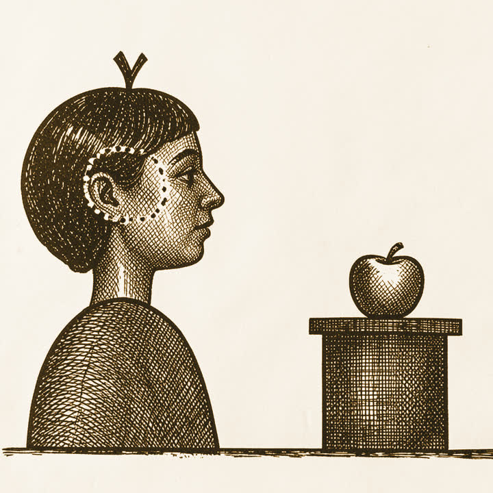 A person looking at an apple, with a dotted outline of the apple inside their head