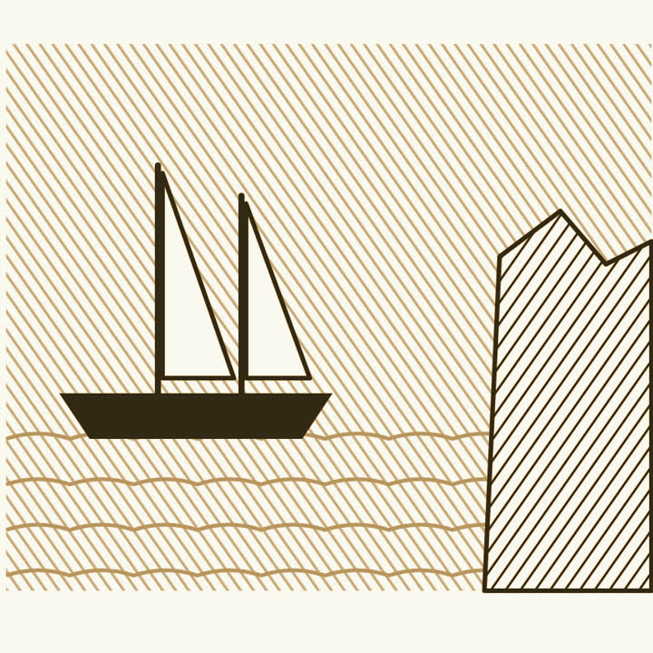 A sailing ship on a dark sea with rocky cliffs ahead