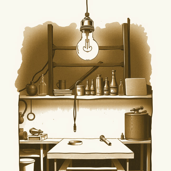 A single bare electric light bulb hanging on a cord above a long factory workbench