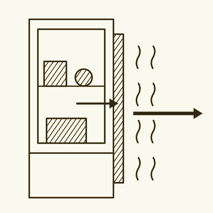 A fridge with heat drawn out of the food on its shelves and flowing out of the grille at the back into the room