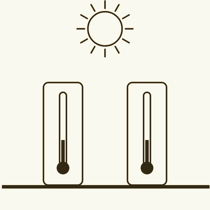 Two tall glass cylinders with thermometers inside, standing in bright sunshine