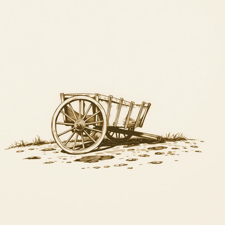 A ruined cart with a broken wheel abandoned at the side of a muddy road