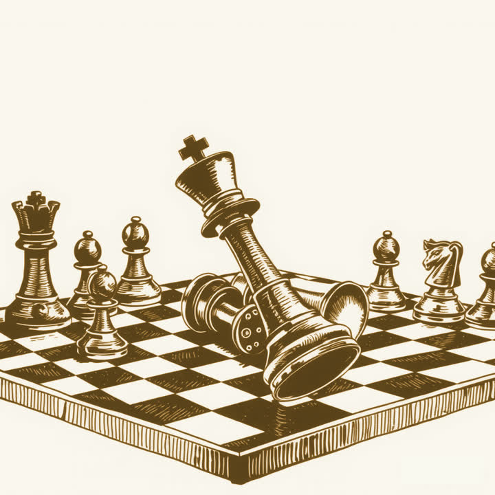 A chess board mid game with the black king toppled over, plain background, nothing else, no border
