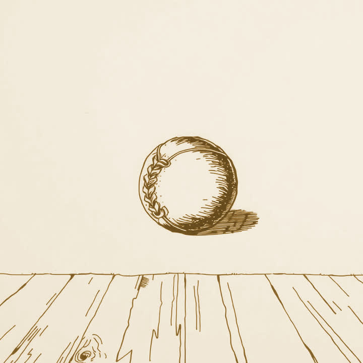 An old laced leather ball resting on a polished wooden floor in bright daylight