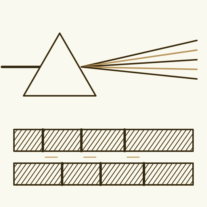 A beam of light fanning out through a prism, above two spectrum bars with their dark lines shifted