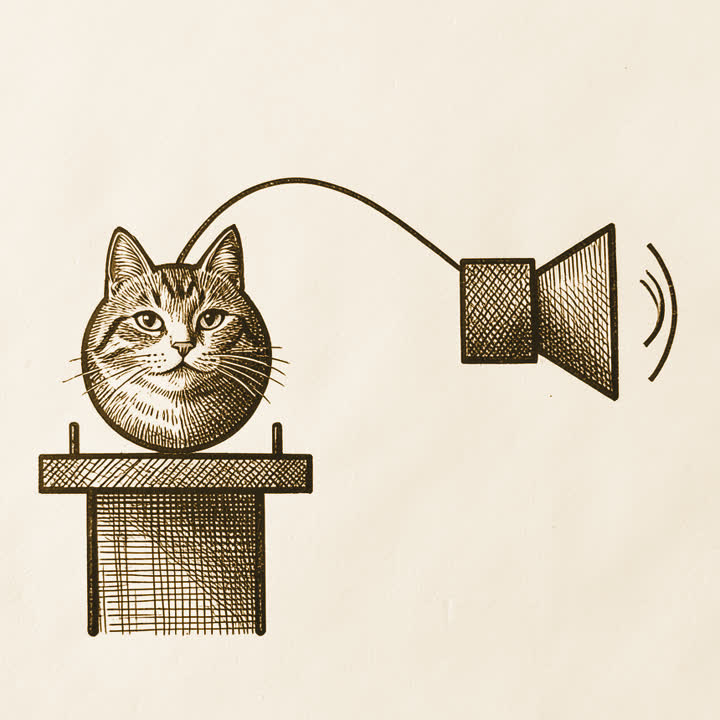 A cat’s head in a holder with a thin wire leading to a loudspeaker giving off sound