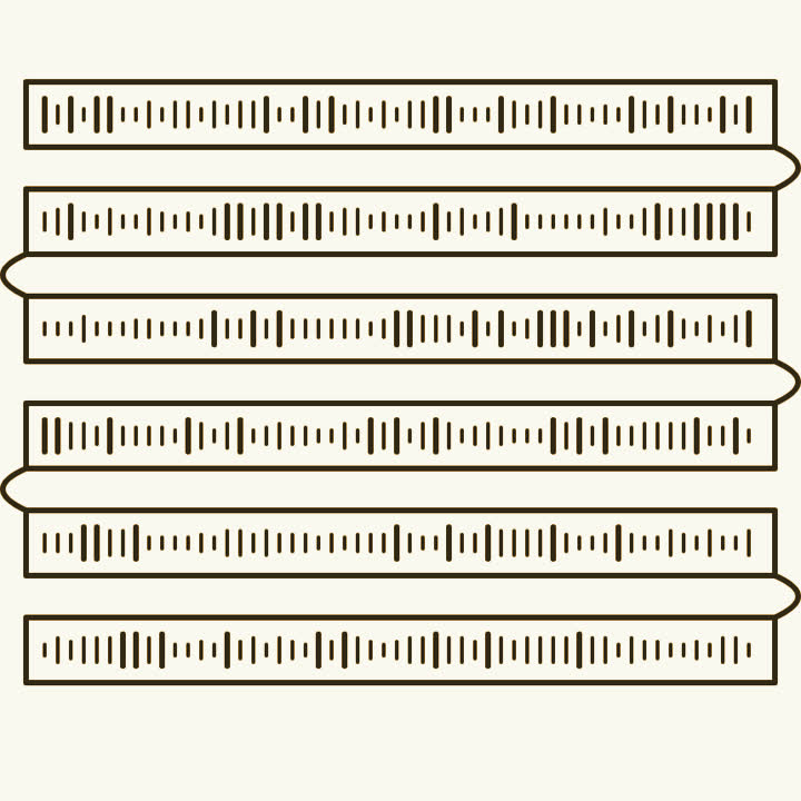 A long ribbon of letter marks winding round and round in a scroll that runs off the page