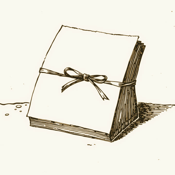A neat stack of blank pages tied with a ribbon, plain background, nothing else, no border