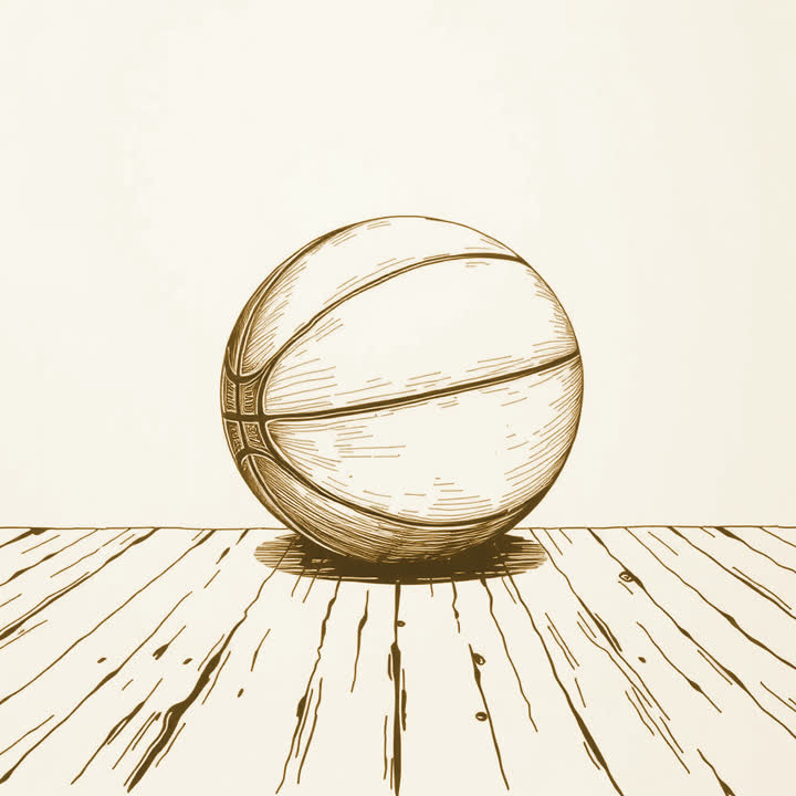 A leather basketball resting on a wooden gymnasium floor, plain background, nothing else, no border