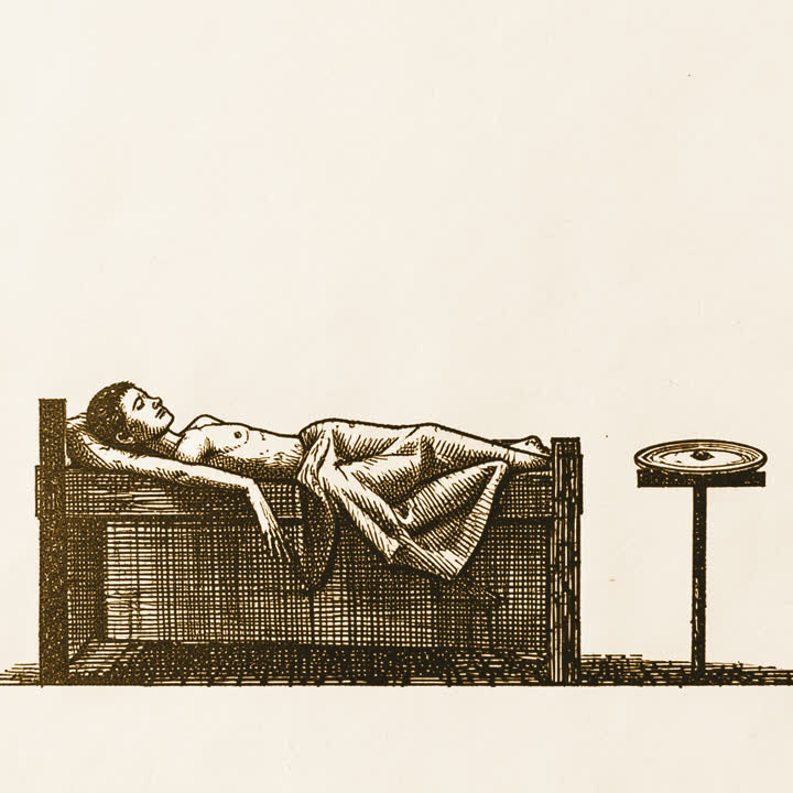 A very thin figure lying in bed beside a small table with an almost empty plate