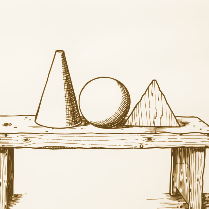 Three wooden shapes on a bench, a cone, a round ball and a triangular wedge
