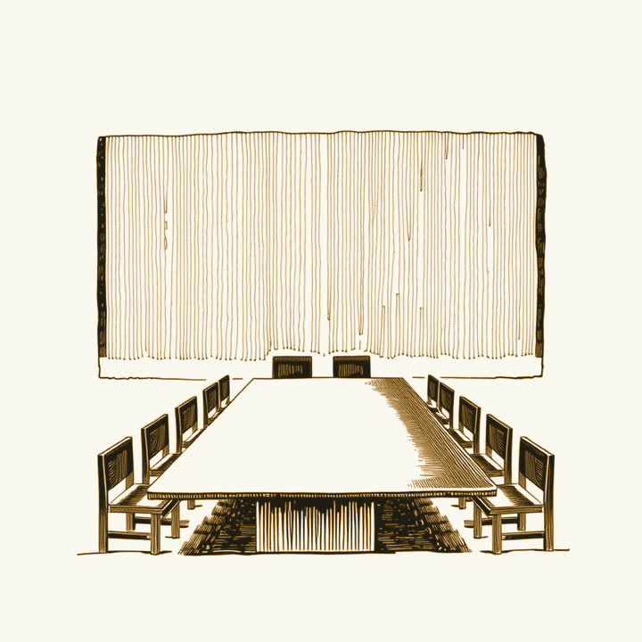 A long committee table with three chairs at its head and rows of empty benches, plain background, nothing else, no border