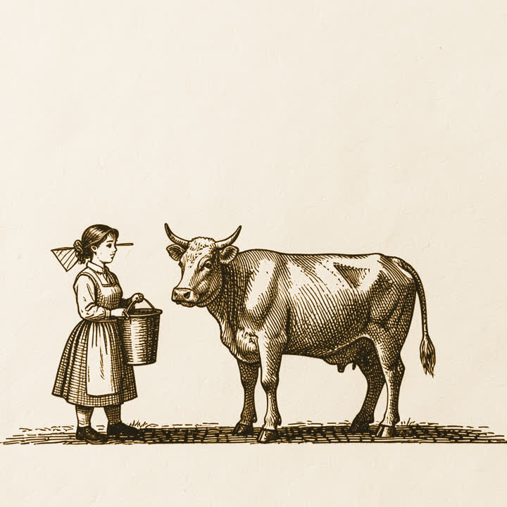 A milkmaid with a pail standing beside a cow