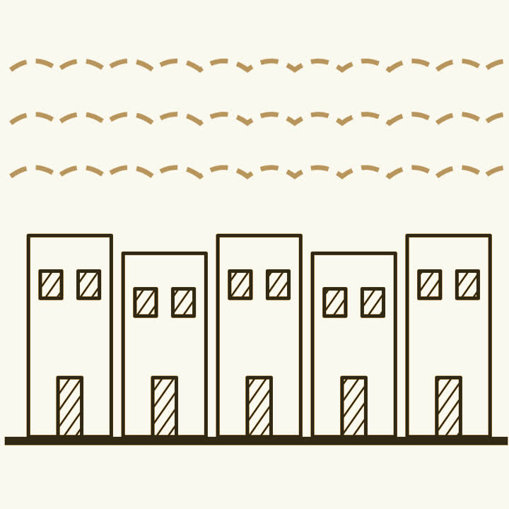A row of houses under wavy lines of foul air drifting over the street