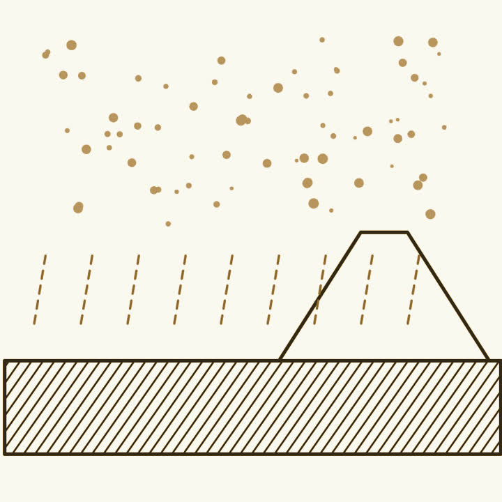 A distant volcano sending ash over a flat plain, with light rain falling