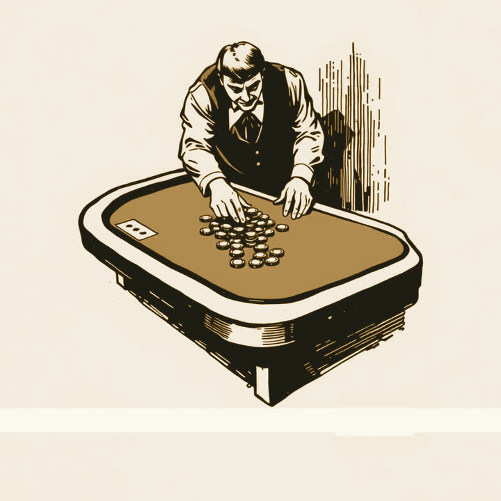 A croupier raking a heap of chips across a green casino table