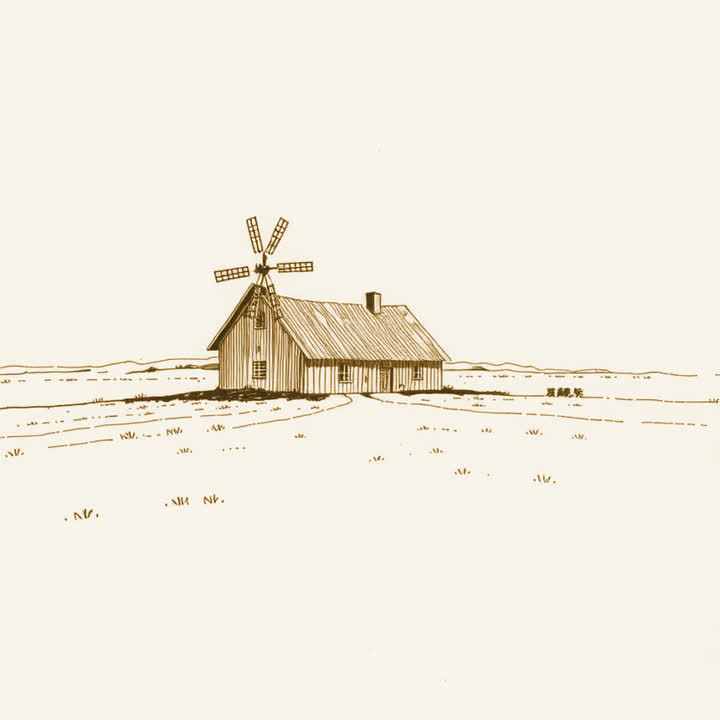 A lone farmhouse with a windmill on an empty prairie under a wide sky