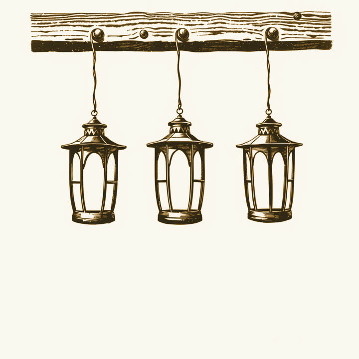 Three identical lanterns hanging in a row from a wooden beam, plain background, nothing else, no border