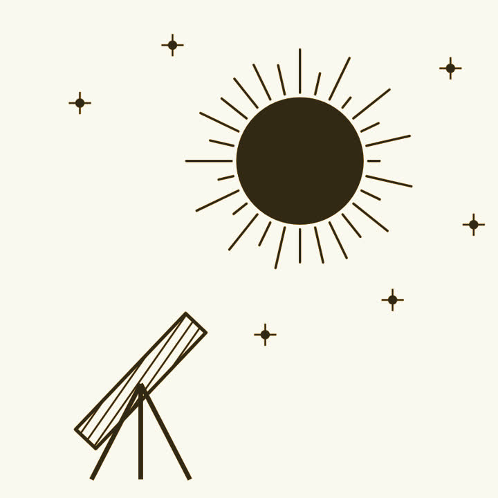 The Sun in total eclipse with its corona and stars showing around it, a telescope on a tripod pointed at it