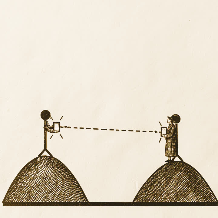 Two figures on two hilltops each holding a lamp, with a dashed beam of light between them