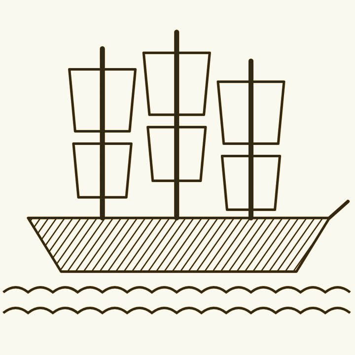 A three-masted sailing warship on rolling waves