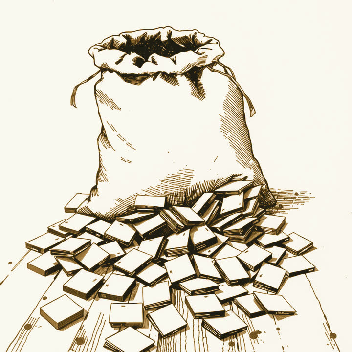 A plain canvas sack tipped on its side with hundreds of folded cards spilling across a wooden floor
