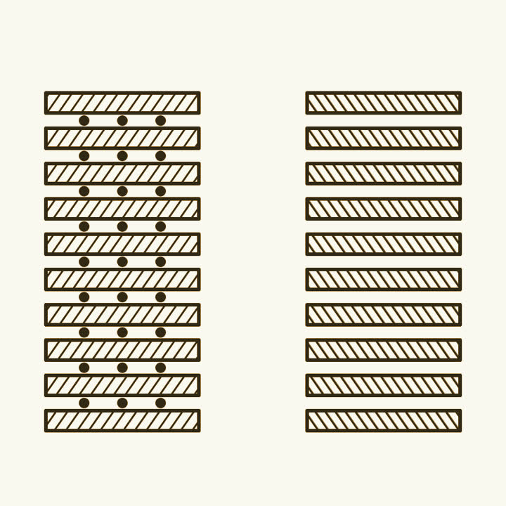 Two layered stacks with small dots tucked between the layers of one of them