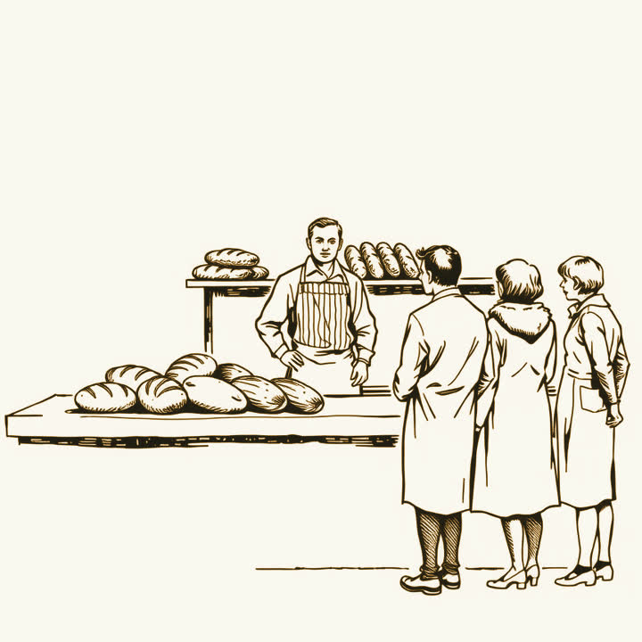 A baker in an apron behind a counter of loaves, three customers waiting in a line, plain background, nothing else, no border