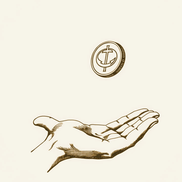 A single coin spinning in the air above an open palm