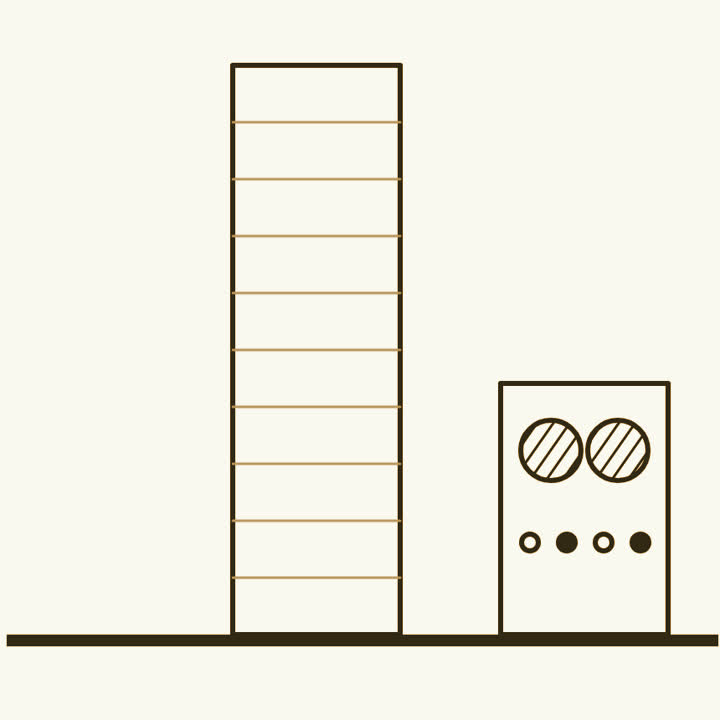 A tall column of air divided into layers, beside an old computer cabinet