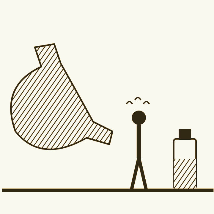 A stomach, a worried figure with lines of worry above its head, and a bottle of acid