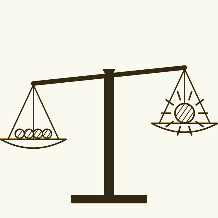 A balance with four small nuclei on one pan outweighing a single larger nucleus on the other, which gives off light