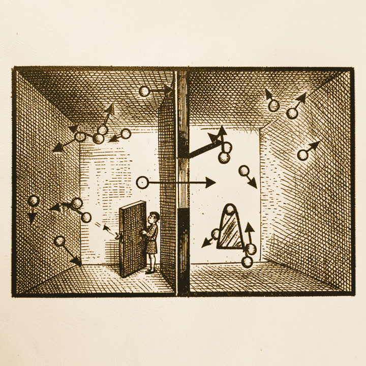 A box of gas divided by a wall with a small door, a tiny figure at the door letting a fast molecule through