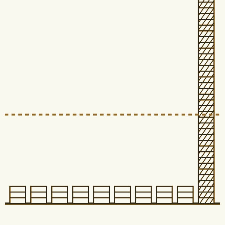 Nine short stacks of coins beside one stack so tall it runs off the top, a dashed line well above the short ones
