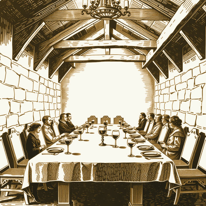 A long banquet table set with wine cups and platters in a stone hall with heavy roof beams, plain background, nothing else, no border